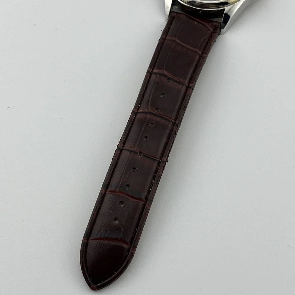 Cerentino Diamond Accent Watch Men 42mm Silver Case Brown Band- New‎ Battery